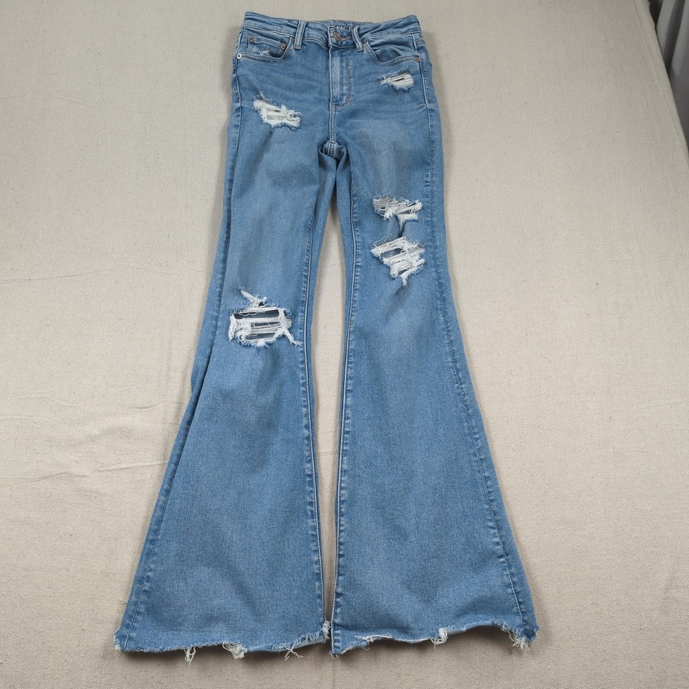 American Eagle Jeans Womens 2 Blue High Rise Flare Hippie Boho Frayed